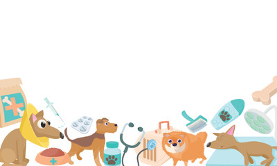 Veterinary banner with dogs, pills, syringe, stethoscope, food and other tools for pet health