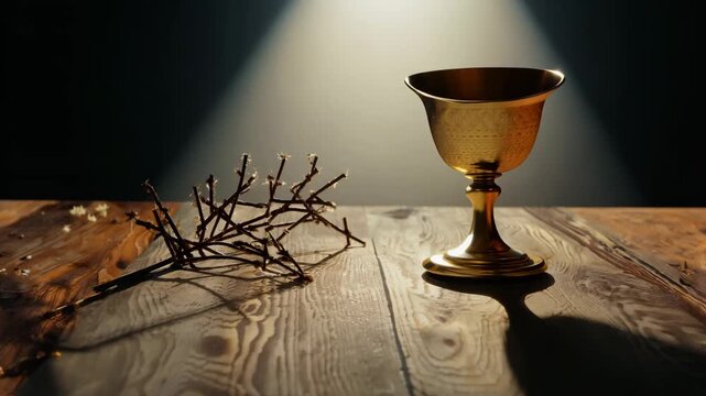 Horizontal video goblet and crown of thorns on wooden table in dark room