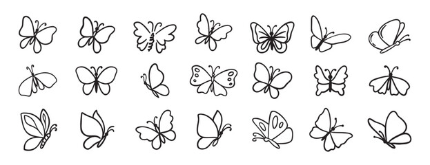 butterfly doodle hand drawn icon set. Outline drawing butterfly line clipart symbol collection