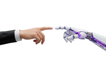 Ultra-realistic UHD photograph of a human hand in black long sleeve and white cuff, index finger extended, poised to touch a futuristic white robotic hand with glowing purple accents on a seamless