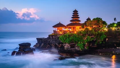 Temple on Cliffside at Dusk with Ocean Waves Flowing