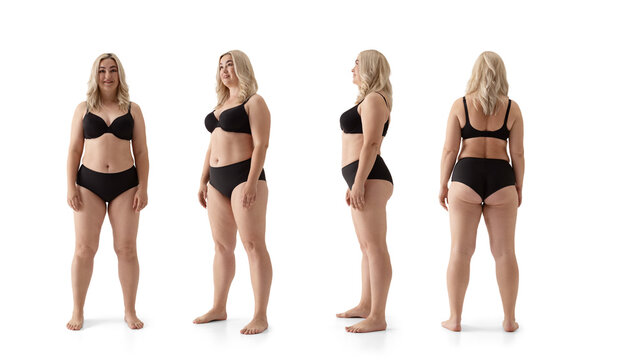 Plus-size blonde woman in black underwear standing in studio from four views. Concept of inclusive fashion, realistic product demo, body diversity, and modern lingerie branding.