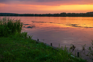Sunset on the Russian Volga River near a village. Reeds in the foreground and forest in the background.