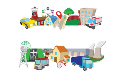 Fototapeta premium Cartoon style infrastructure elements including stadium, hotel, taxi, ambulance, ferris wheel, map, satellite dish, airport, train, bicycle, truck, warehouse and power plant