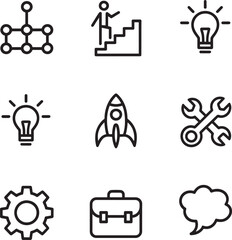  Icons representing innovation, development, and business isolated on white.