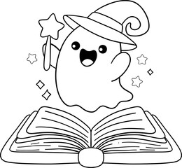 halloween ghost popping from magical book in kid friendly cartoon coloring style