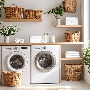 Cuarto de lavado moderno, lavadora y secadora blancas, estanter&iacute;as con cestas de mimbre, toallas dobladas, detergente en frascos de vidrio, ambiente limpio y ordenado, sin personas