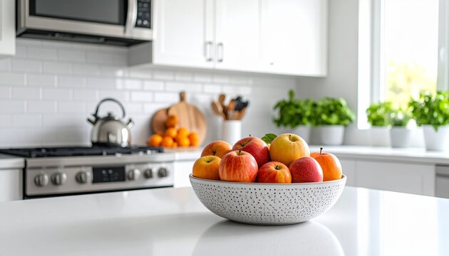 Cocina moderna luminosa, encimeras blancas, electrodom&eacute;sticos de acero inoxidable, frutero con manzanas, orden y limpieza, sin personas