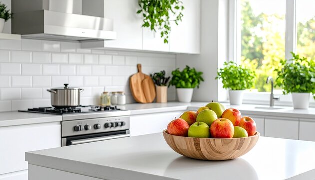 Cocina moderna luminosa, encimeras blancas, electrodom&eacute;sticos de acero inoxidable, frutero con manzanas, orden y limpieza, sin personas