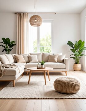 Sala de estar escandinava minimalista, sof&aacute; beige, alfombra de lana, mesa de caf&eacute; de madera clara, plantas verdes, luz natural entrando por la ventana, sin personas