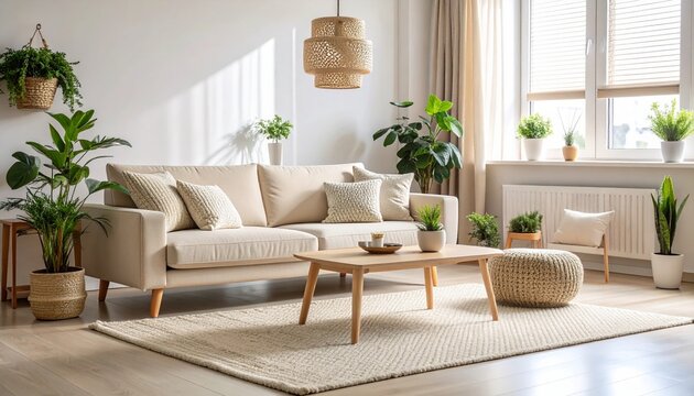 Sala de estar escandinava minimalista, sof&aacute; beige, alfombra de lana, mesa de caf&eacute; de madera clara, plantas verdes, luz natural entrando por la ventana, sin personas