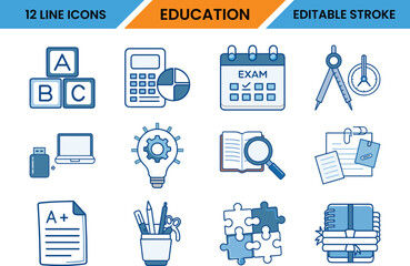 Educational icons representing school supplies and learning concepts in a clean simple style