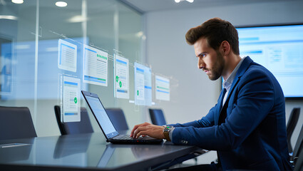 Automated document approval and quality control concept, A Businessman approved online checklist document. Paperless system, Digital transformation, Automated storage management, Efficiency, success.