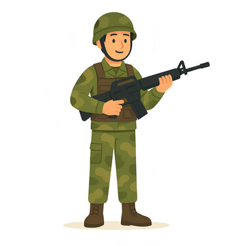 Cartoon Rifleman Holding Assault Rifle &ndash; Flat Style Full-Body Military Soldier in Camouflage