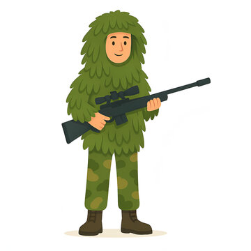 Cartoon Sniper in Ghillie Suit Holding Rifle &ndash; Flat Style Full-Body Military Character