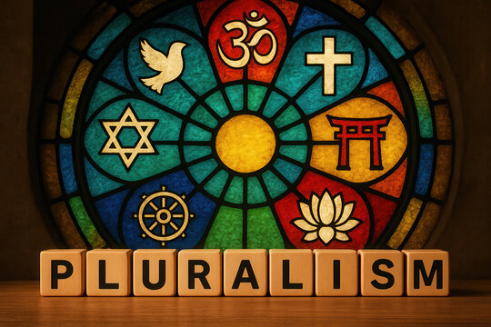 Pluralism concept with religious symbols in stained glass window