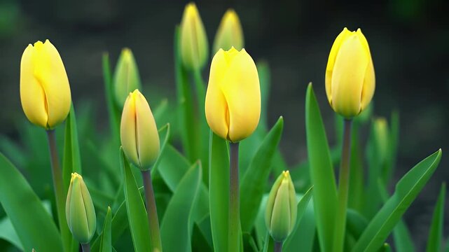 Detailed Close Up Shot of a Cluster of Vibrant Yellow Tulips Still in Bud Among Verdant Green Leaves Against a Blurred Dark Background Showcasing Springtime Renewal and Natural Beauty in Bloom