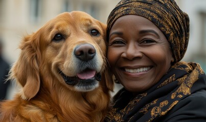 Senior Black woman cuddling a golden retriever dog outdoors. The elderly African American female pensioner bonds with her happy pet in a candid, peaceful moment, highlighting, Generative AI
