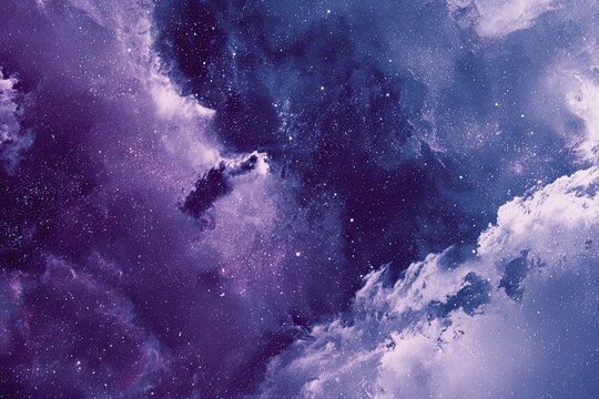 Deep space nebula tapestry. Vast expanse of swirling purple, violet, and gray nebulae, dotted with distant stars. Cosmic clouds of gas and dust
