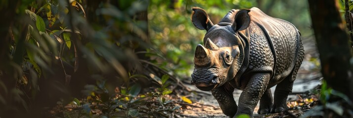 Obraz premium A single rhinoceros in a dense jungle