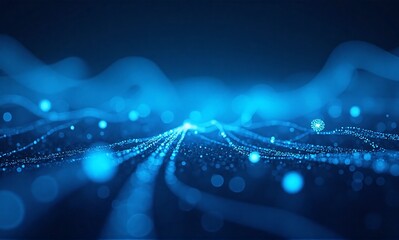 Dynamic blue abstract background featuring glowing digital data streams, sparkling particles, and soft bokeh lights, symbolizing connectivity.