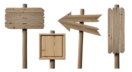 Four distinct empty wooden signs (rectangular, arrow, framed square, tall vertical) on posts, showcasing rustic textures, natural grain, and a clean, pristine look. Isolated on a transparent studio