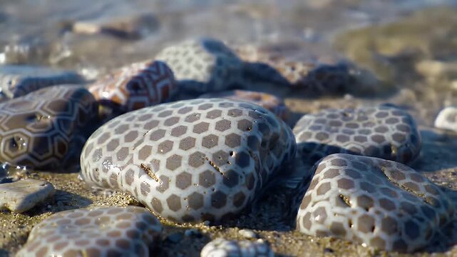 Detailed Close Up of Honeycomb Pattern Petoskey Stones on Sandy Beach A Geological Display Featuring Unique Rock Formations and Earthy Tones Natural Textures and Weathered Surfaces Up North Beauty