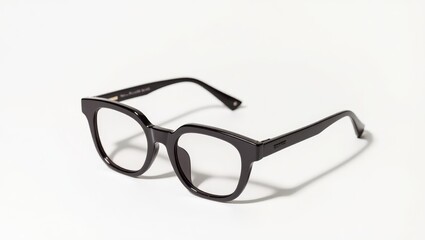 Black eyeglasses on a white background.