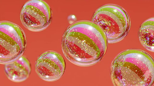 (Loop) Colorful Glass Bubbles Floating Over Red Background
