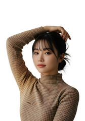 Stylish Korean Professional In Classic Checkered Turtleneck Striking A Confident Power Pose Isolated On PNG Background.