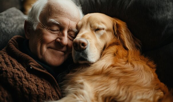 Senior man cuddling a dog outdoors on a walk. An elderly male pensioner hugs his fluffy golden retriever, enjoying the peaceful connection with his pet. The scene emphasizes, Generative AI
