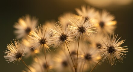 Obraz premium Golden hour illuminates a cluster of delicate, seed-head plants, their fluffy, spiky structures catching the warm light against a blurred, dark background. The shallow depth of field emphasizes