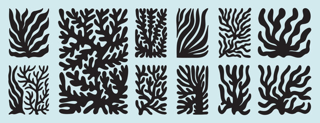 coral abstract shape matisse geometric set. poster organic art coral poster.contemporary minimal style. trendy boho marine corals illustrations