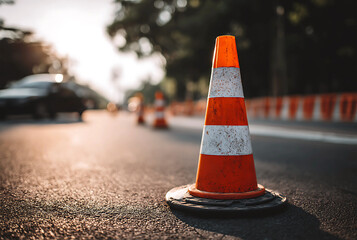 Orange and white traffic cone on asphalt road with blurred car and trees orange cone safety cone