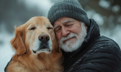 Senior man cuddling a dog. The elderly male pensioner hugs his fluffy golden retriever,  the calming presence of his companion. This candid moment captures the soothing, Generative AI