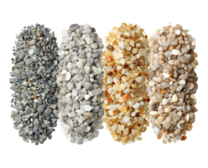 Four overlapping ovals of graded gravel, showcasing different shades of gray, white, and beige