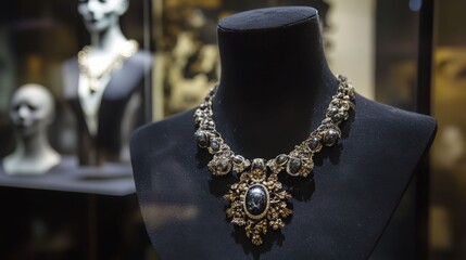Exquisite antique necklace with intricate details and a central dark stone, showcased on a display stand in a dimly lit museum.