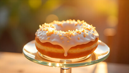 Donut on a rotating pedestal, camera moving in a tracking circular shot, focus ramps.