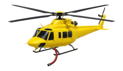 Bright yellow firefighting helicopter featuring a prominent snorkel hose attachment