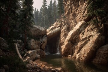 Obraz premium Mountain waterfall hidden in a rocky canyon. Lush forest surrounds a calm pool of water