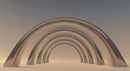 Obraz premium A row of metallic arches creates a tunnel effect. The gradient backdrop transitions from dark to light above a pale floor