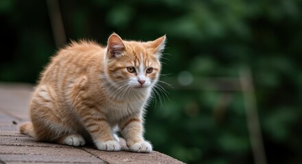 An orange tabby kitten sits on a brick surface staring intently ahead with a blurred green background
