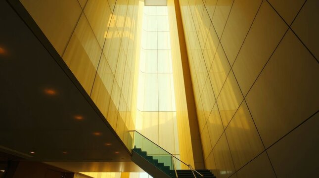 Angular goldenhued interior featuring staircase and paneled walls leading to a central bright window - Powered by Adobe