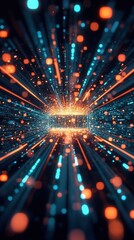 Obraz premium An abstract journey through a futuristic digital tunnel of glowing data particles, representing high-speed network connectivity and information technology.