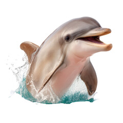 Dolphin jumping out of water, showcasing its playful nature and vibrant energy. This marine mammal is known for its intelligence and social behavior, making it beloved creature in ocean