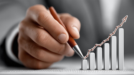 Financial Growth Chart: A professional's hand meticulously guides a pen along a dynamic growth chart, highlighting the trajectory of rising success and financial progress.
