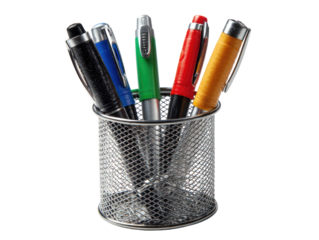 Assorted pens in a metal mesh pen holder