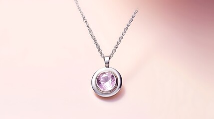 Fototapeta premium A graceful floating silver necklace with a halo-style diamond pendant centered on a light lilac background, crisp edges and soft reflective light, full-frame presentation.