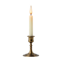 Elegant brass candle holder with lit white candle, creating warm ambiance. Perfect for dining or decorative settings