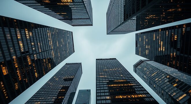 Looking up at skyscrapers in a modern city with a cloudy sky - Powered by Adobe
